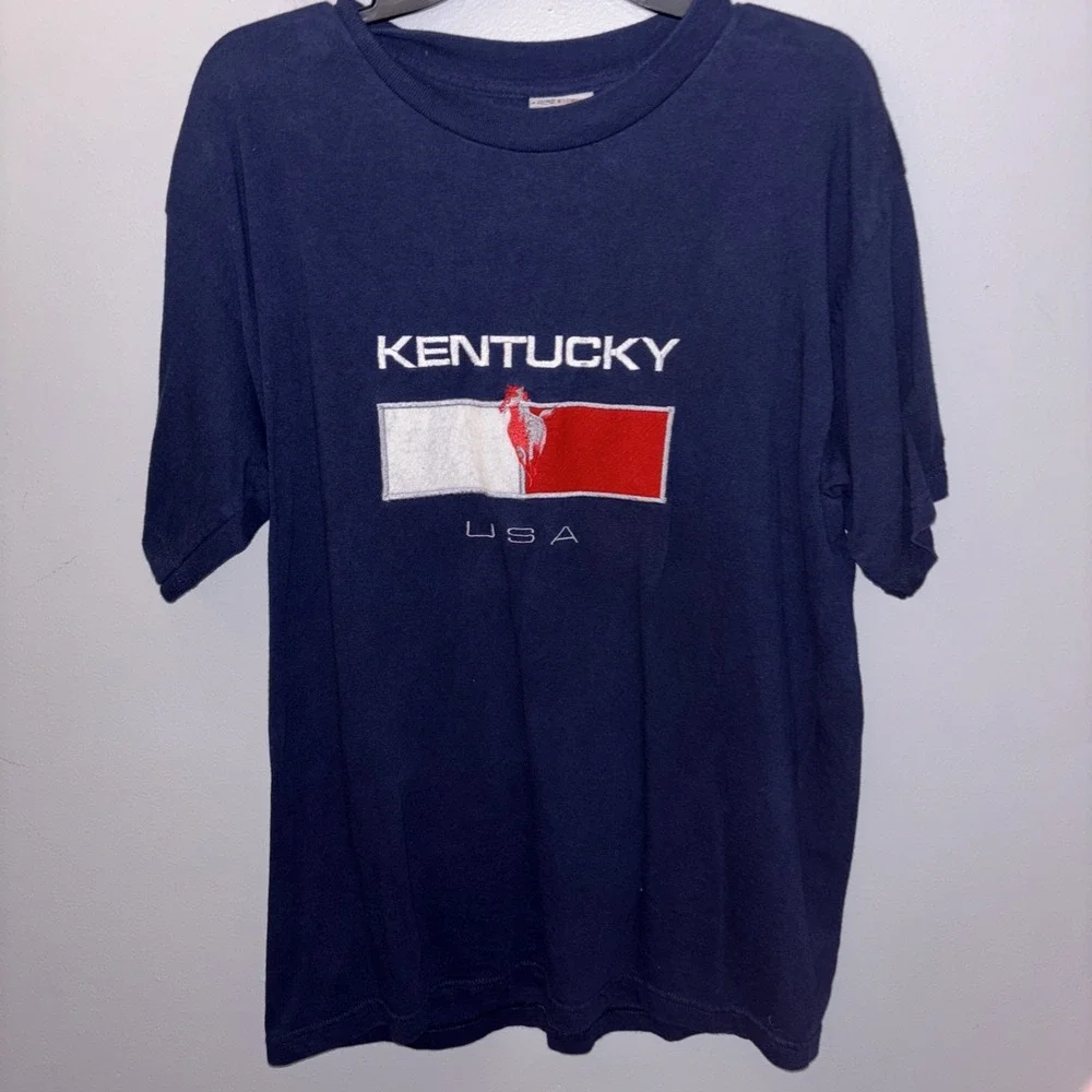 Vintage Kentucky Derby T-Shirt Navy Embroidered Horse Race USA Adult Size L